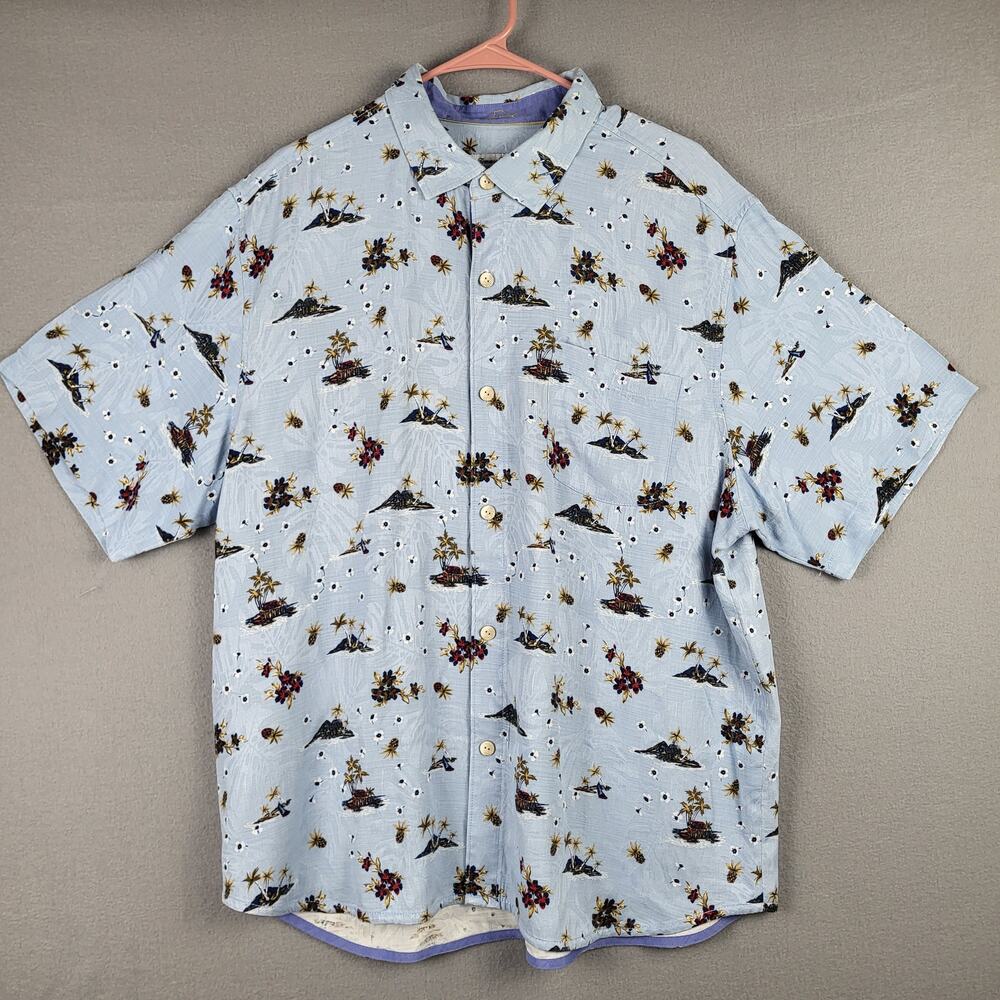 Tommy Bahama XL Short Sleeve Silk Button Up Light Blue Hawaiian‎ Tropical Beach